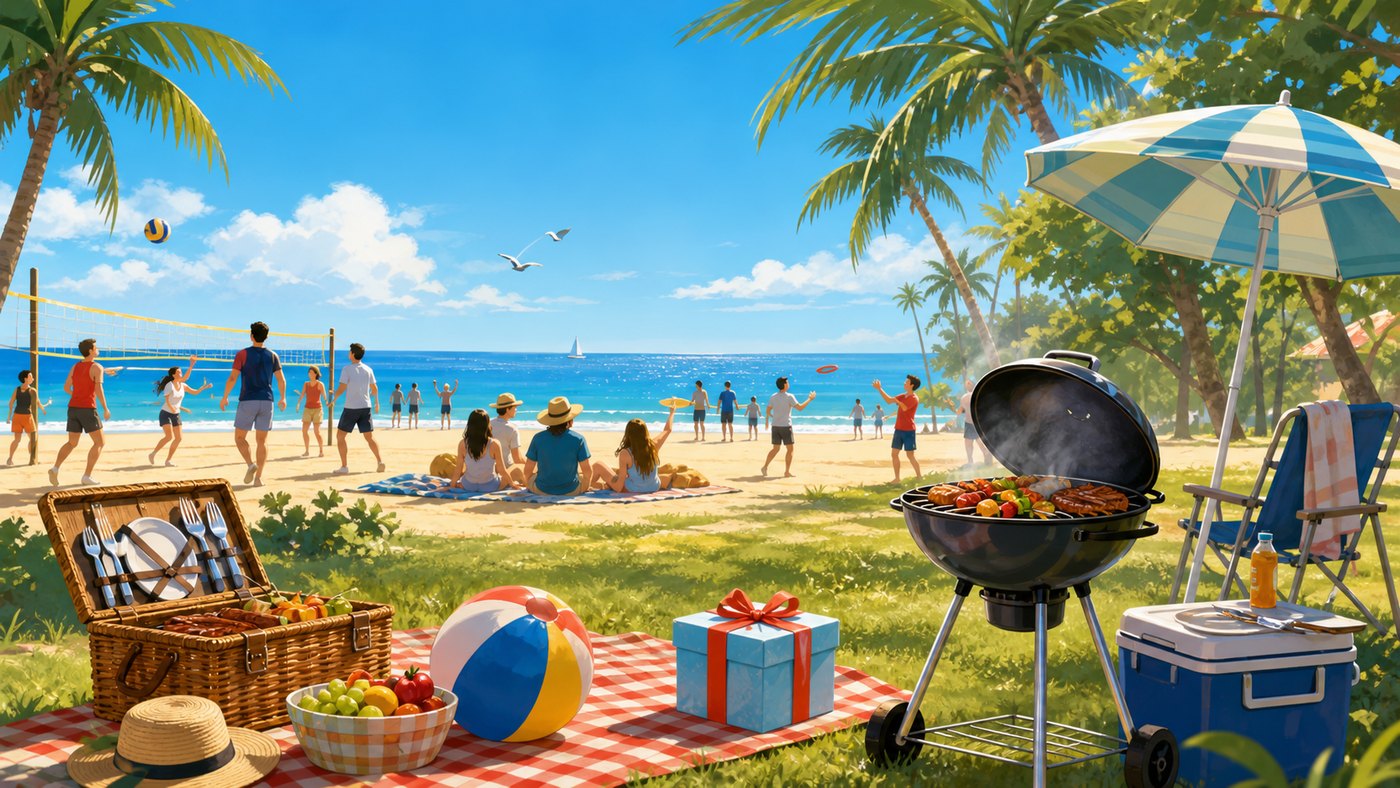 Beach community summer gathering with BBQ and games