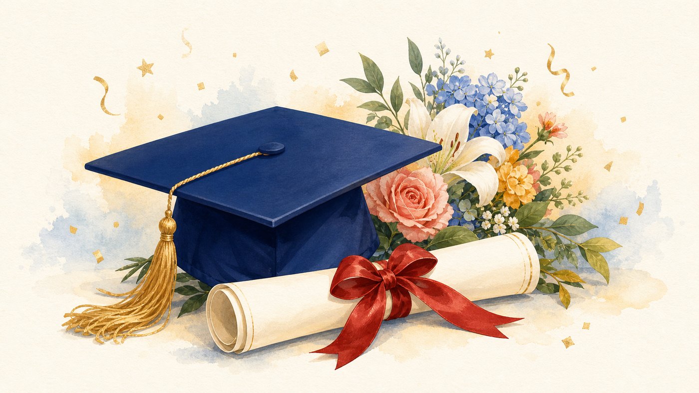 Graduation cap, diploma, and flowers