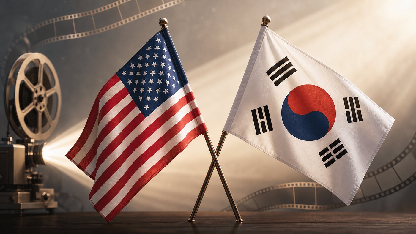 United States and South Korean flags with film reel background