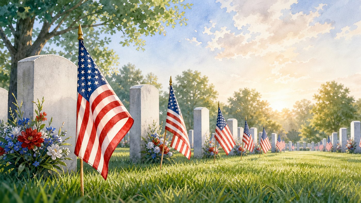 American flags placed at a cemetery for Memorial Day